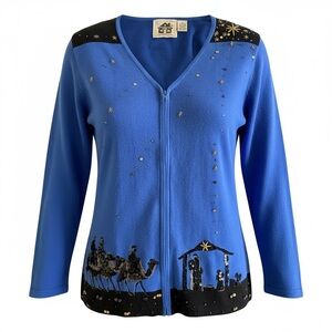 Vintage Storybook Knits Blue Nativity Zip Cardigan with Sequin Detail